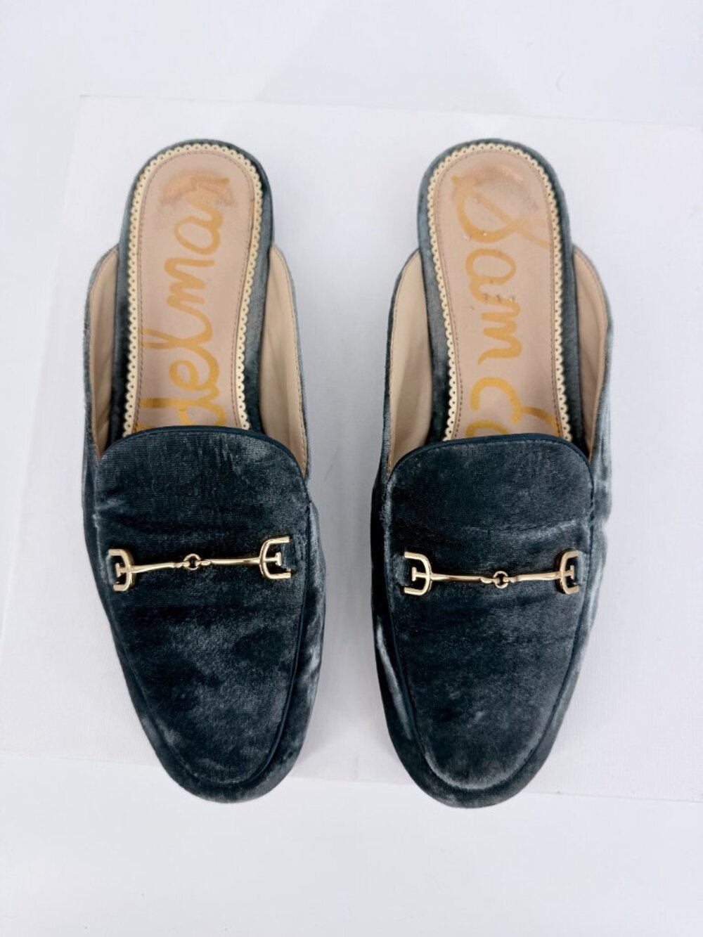 Sam Edelman Linnie Green Velvet Gold Accent Horsebit Mule Loafers 8W - Picture 2 of 15
